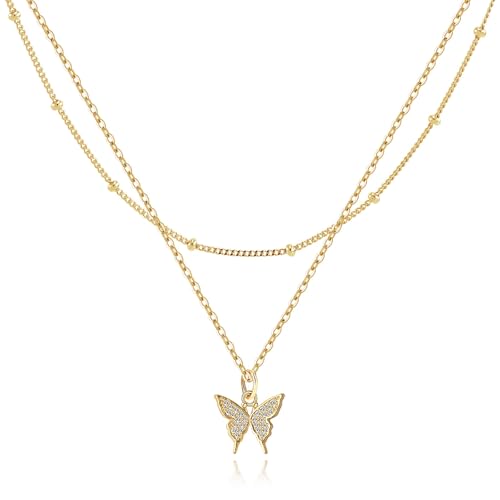 MJartoria 14K Gold Plated Gold Layered Necklace, Heart Butterfly Star Moon Pendant Necklace for Women, Dainty Jewelry Gifts for Mom, Wedding, Party, Daily Wear