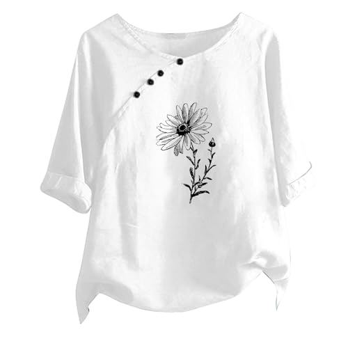 Camiseta de Manga Corta Mujer Algodón y Lino Camisa Blusa Verano Estampado Floral Moda Cómodo Casual Suelto Cuello Redondo Tops 2024 T-Shirt Original Basic tee Talla grande Ligero