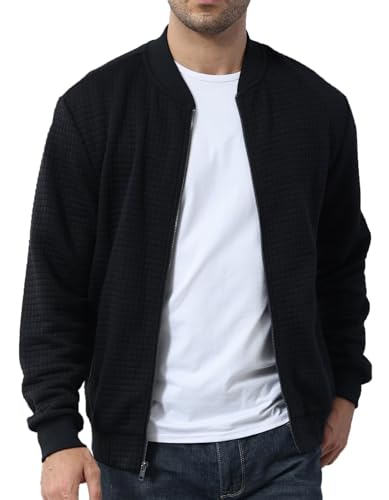 Image of YuKaiChen Mens Lightweight Bomber Jacket Casual Plaid Jacquard Varsity Jacket Coat with Zipper Pockets