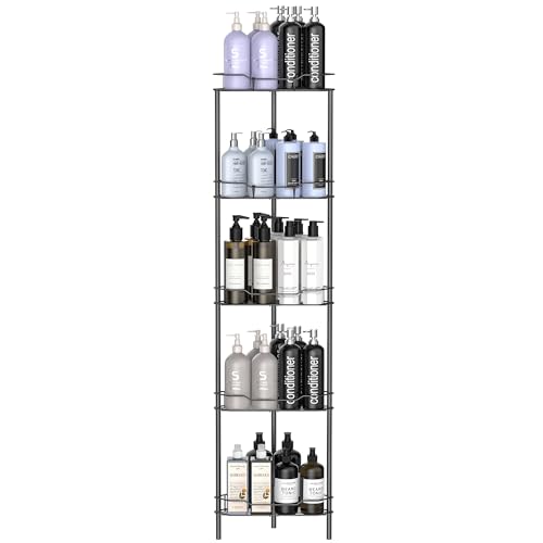 Image of HuggieGems 5 Tier Floor Standing Corner Shower Caddy Organizer Shelf with Hooks, Bathroom Shelves Stand Rack, Matt Black