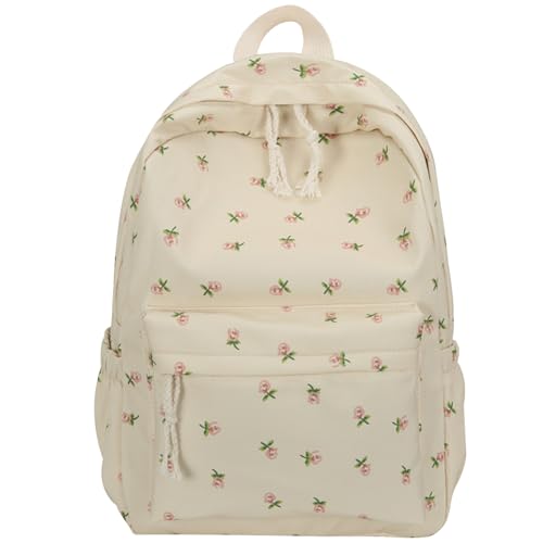 Jorzer Mochilas escolares para niñas con estampado de flores informal de verano minimalista estética con cremallera multibolsillos gran capacidad mochila con flores