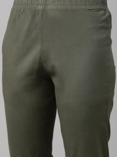Image of MINELLI Women Solid Cigar Pants, Cotton Lycra Slub Fabric, Elasticated Waistband, Pull On Style, Regular Fit Bottom Wear for Western and Ethnic Wear