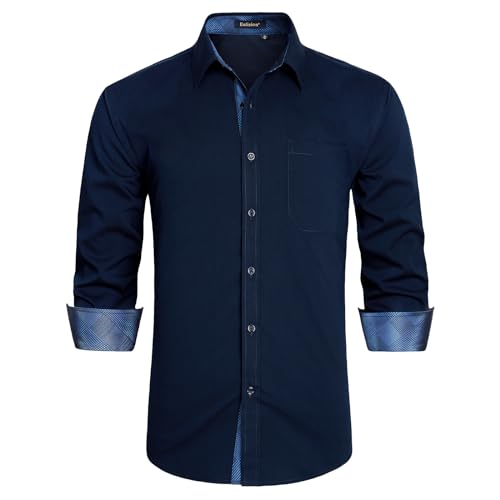 Enlision Camisas Manga Larga Hombre Formal Casual Camisa Hombre Azul Marino Antiarrugas Camisas Hombre Traje de Vestir Negocios L