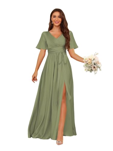 Short Sleeve Satin Bridesmaid Dresses for Women V-Neck Floor Length Formal Dresses with Slit LOK001