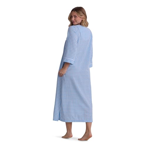 Image of Miss Elaine Long Seersucker Women's Robe, Pockets and Zipper with Front Embroidered Trim, Sleepwear & Loungewear