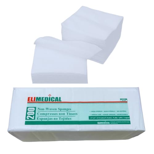 Elimedical Lot de 200 Compresses de gaze non tissées, Non stériles - Ultra doux - pour spa, soins des plaies faciales, premiers secours (3 x 3 -4ply)
