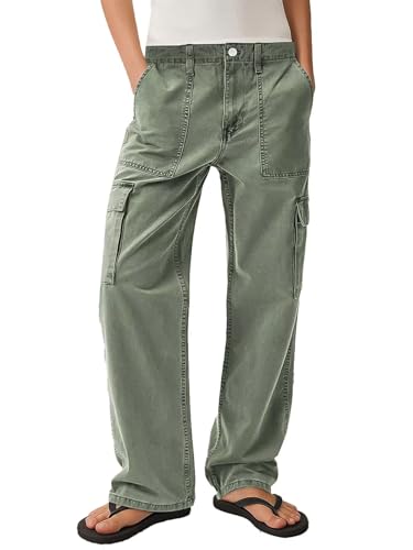 Flamingals Straight Leg Mid Waist Solid Flap Pocket Comfort Stretch Women Casual Pants for Everyday Wear