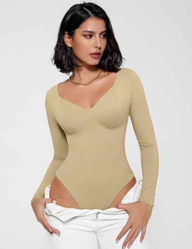 Image of Avidlove Bodysuit for Women Long Sleeve Double Lined Tank Top V Neck Bodysuit Tummy Control Shapewear