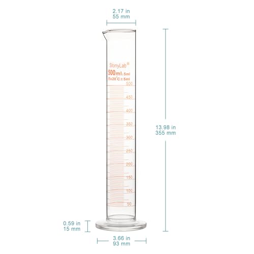 stonylab 1er Pack Messzylinder, Borosilikatglas 500 ml Glass Cylinder Schwere Mauer Graduiertes Glas Messzylinder