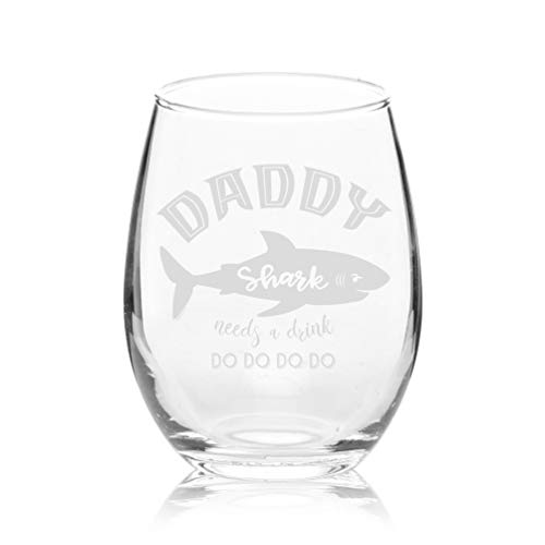 Veracco Daddy Shark Needs A Drink Stemless Wine Glass Funny Shark Gifts For Dad Papa (Clear, Glass) #TOP2