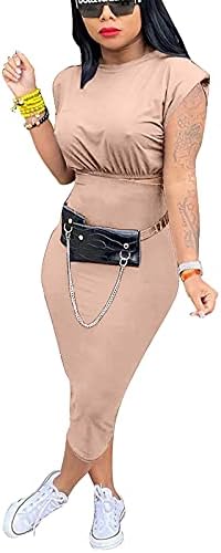 Womens 2 Piece Outfits Skirt Sets Casual Summer Dresses Sleeveless Pad Shoulder Crop Tops Midi Long Skirts Clubwear (S6279-Camel,L)