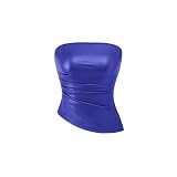PRETTYGARDEN Women's Faux Leather Tube Tops 2025 Summer Strapless Asymmetrical Ruched Bandeau Shirts Going Out Club Outfits (Brilliant Blue,Large)