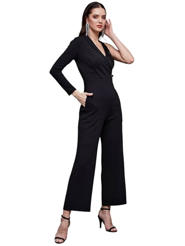 Image of Miss Chase Women's Halter Neck Sleeveless Solid Wide Leg Sequin Paneled Regular Length Jumpsuit