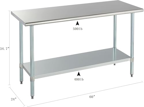 Image of ROCKPOINT Stainless Steel Table for Prep & Work 24x60 Inches, NSF Metal Commercial Kitchen Heavy Duty Table with Adjustable Under Shelf and Table Foot for Restaurant, Home and Hotel