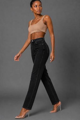 Image of Women's High Waist Mom Fit Jeans | Stretch Denim | Tapered Ankle Length Casual Jeans