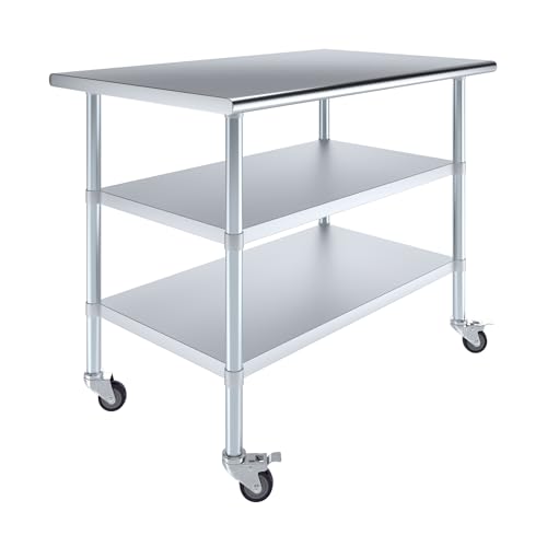 Image of AmGood Stainless Steel Work Table with 2 Shelves and Casters | Metal Utility Table On Wheels (Stainless Steel Work Table with 2 Shelves + Casters, 48 inch Long x 30 inch Deep)