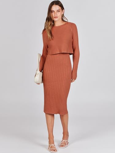 ANRABESS Womens 2 Piece Outfits Sweater Dresses Set Midi Skirt Sets Long Sleeve Crop Top Bodycon Ribbed Knit Dress 2025 Fall2