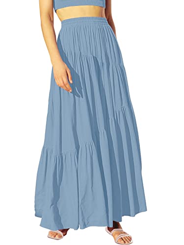 Image of ANRABESS Women's Boho Elastic High Waist Pleated A-Line Flowy Swing Asymmetric Tiered Maxi Long Skirt Dress with Pockets