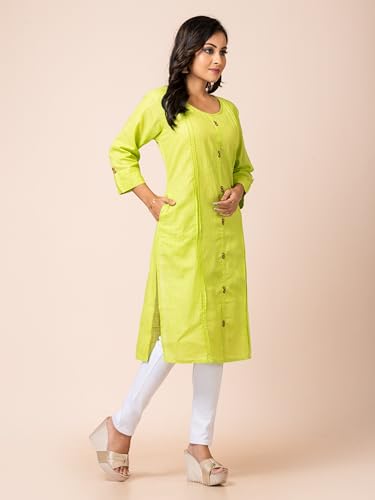 Image of Susmita Gift House Women's Slub Cotton Round Neck 3 /4 Sleeves Front Button Solid Kurti