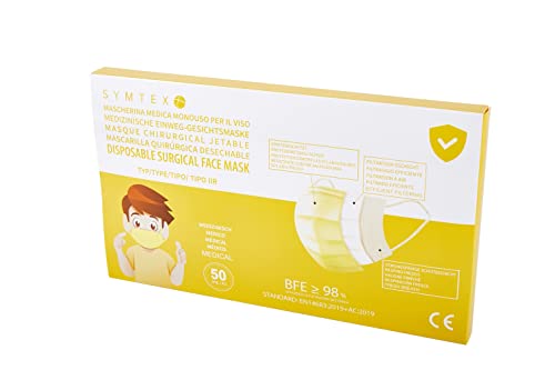 SYMTEX 50 Stück Masken Mini Model S in kleiner Größe, Medizinisch Chirurgische Masken Type IIR Norm EN 14683 zertifizierte OP Masken 3-lagig Mundschutz mund und nasenschutz (Gelb) Cover