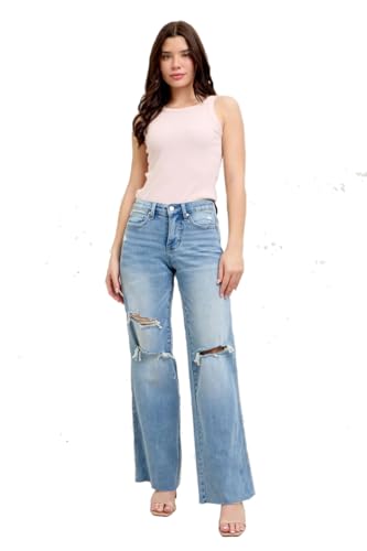 Judy Blue Mid Rise Tummy Control Distressed Wide Leg Jeans, 88933
