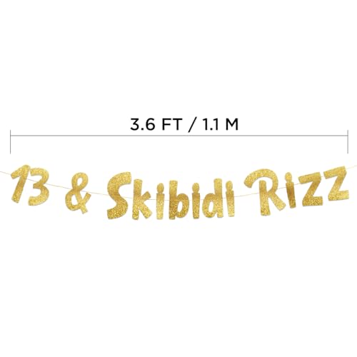 Image of Pre-Strung 13 & Skibidi Rizz Gold Glitter Banner - Funny 13th Birthday Decorations for Teen Boys and Girls - Birthday Party Supplies and Gifts