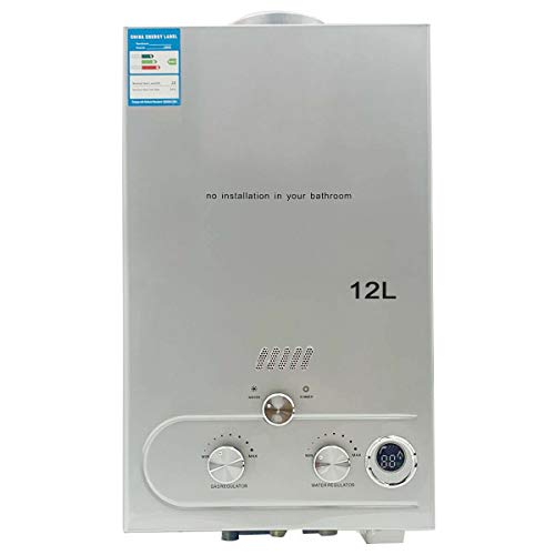 ECUTEE Calentador de agua de gas licuado LPG, 12 L, 24 kW, sin depósito, con cabezal de ducha galvanizado y manguera de ducha, para camping al aire libre y ducha con cremallera, color plateado