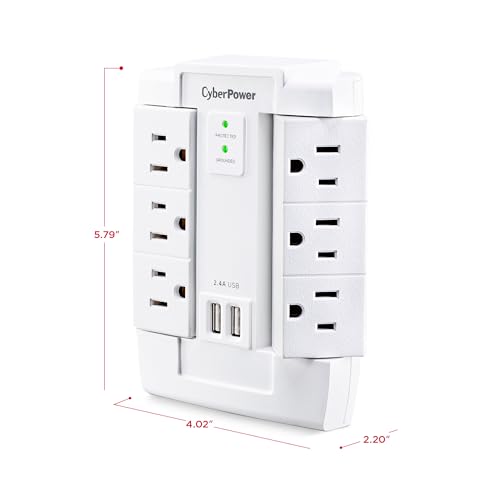 Image of CyberPower CSP600WSURC2 Surge Protector, 1500J /125V, 6 Swivel Outlets, 2 USB Charging Ports, Wall Tap Design, White, UL listed