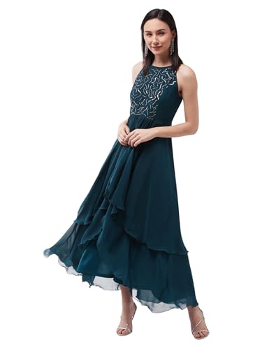 Image of Miss Chase Women's Round Neck Sleeve Embellished Fit Flare Maxi Dress