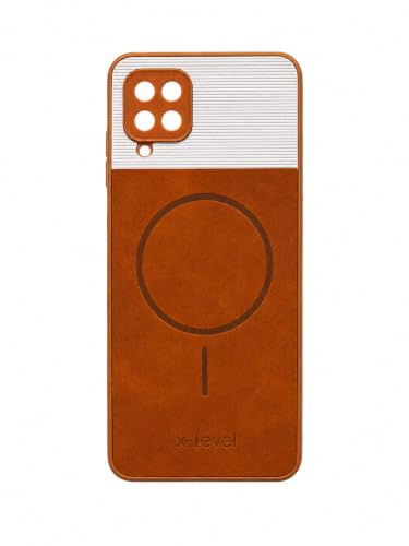 Image of Bintage Mac Safe Design Hard Slim Back Case | Soft Border Camera Protect | Dual PU Leather Finish Back Cover Compatible for Samsung Galaxy A12 (4G) - White & Brown