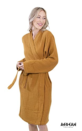 Aegean Concept - Muslin Bathrobe Organic Turkish 100% Cotton | Unisex - Men And Women | Super Absorbent, Sustainable And Cozy, Breathable And Fast Dry - Bath, Beach, Pool, Spa, Shower, Gym [Mustard-L] #TOP1