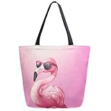 ZzWwR Fashion Flamingo Wearing Sunglasses Extra Large Canvas Gym Shoulder Tote,Durable Reusable Daily Top Handle Bag for Mens Womens Yoga Weekender Picnic Beach Travel Market Shopping