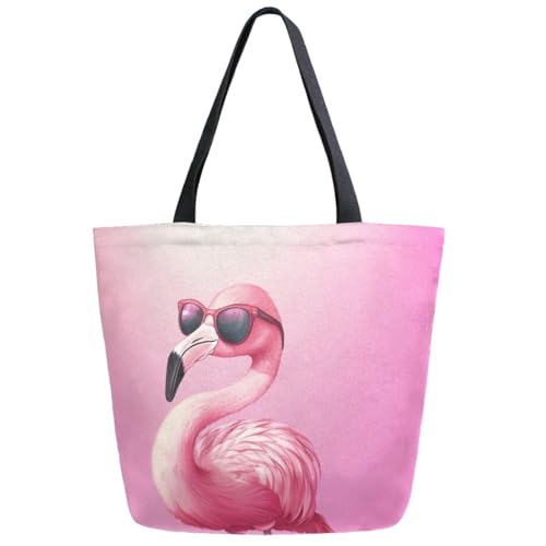 ZzWwR Fashion Flamingo Wearing Sunglasses Extra Large Canvas Gym Shoulder Tote,Durable Reusable Daily Top Handle Bag for Mens Womens Yoga Weekender Picnic Beach Travel Market Shopping