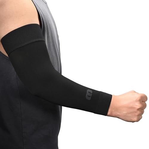 MGANG Lymphedema Compression Arm Sleeve for Women Men, Opaque, 15-20 mmHg Compression Full Arm Support with Silicone Band, Relieve Swelling, Edema, Post Surgery Recovery, Single