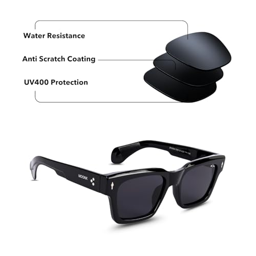 Image of MOONX Horizon UV Protected Rectangular Sunglasses for Men & Women | Black PC Frame | Black Lens | Stylish Unisex Eyewear for Driving, Travel & Casual Outings