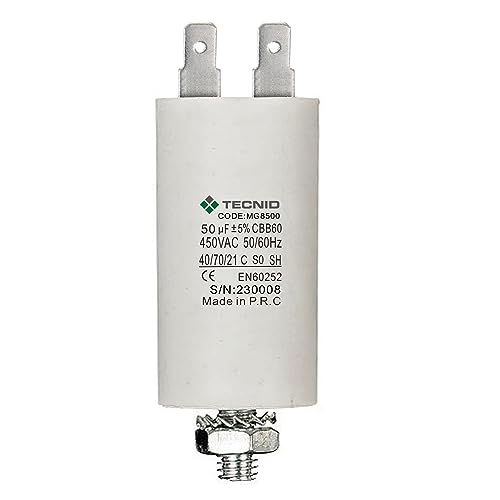 Condensatore di spunto per motori elettrici, 450V, capacità: 50µF, 4 pin. Condensatore di Avviamento con dado M8. Per Pompe, Compressori, Lavatrici, Macchine ad Aria