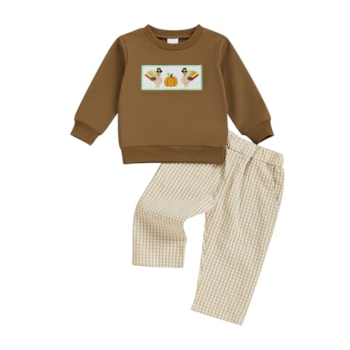 Toddler Baby Boy Thanksgiving Turkey Outfit Long Sleeve Embroidery Sweatshirt Gingham Pants 2 Piece Smocked Clothes