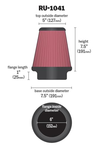 Image of K&N High-Flow Original Lifetime Universal Clamp-On Air Filter: High Performance, Premium, Washable: Flange Diameter: 6 In, Filter Height: 7.5 In, Flange Length: 1 In, Shape: Round Tapered, RU-1041