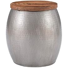 Powell Janice Pewter Hammered Metal Round Drum Side Table with Storage and Wood Top