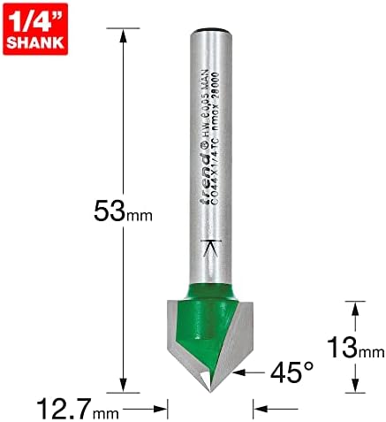 Trend Craft C044X1/4TC Pro 1/4in shank 'V'groove cutter 12.7mm diameter Two Flute Carbide tips.
