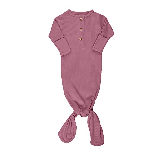 Image of ELIVIA & CO. Knotted Gown Newborn Coming Home Outfit – Soft Baby Gown for Boys or Girls – Layette Essentials (Ribbed Raspberry)