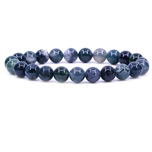 Natural Moss Agate Gemstone 8mm Round Beads Elastic Bracelet 7 Inch