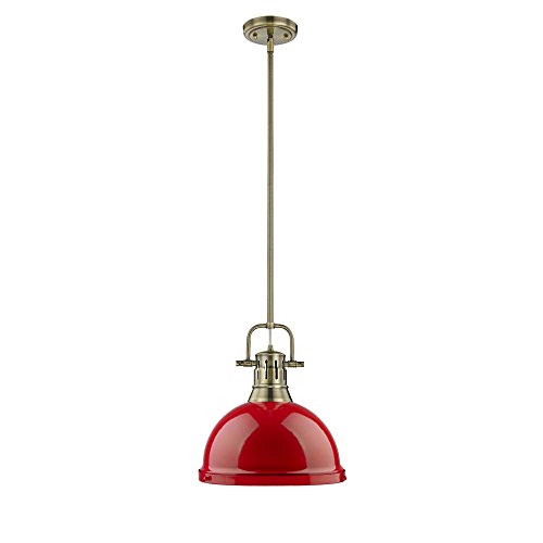 Golden Lighting 3604-L AB-RD Duncan Pendant, 14" L x 14" W x 14.625" H, Aged Brass with Red Shade