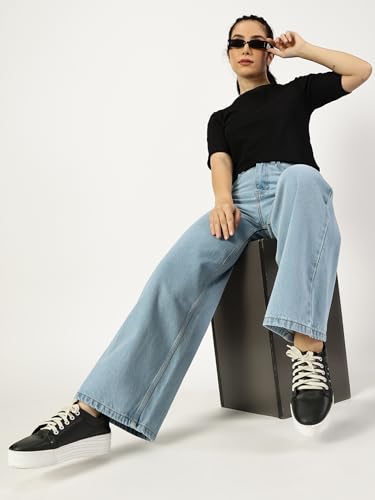 Image of THIRD QUADRANT Women Wide Leg Jeans with high Waist || Black Jeans for Women || Flared Jeans for Women