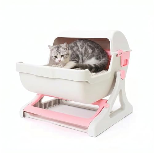 Large Enclosed Cat Litter Box with Lid, Covered Kitty Litter Box, Closed Litter Pan for Indoor Cats, Anti-Leak Durable Cat Litter Box, Spacious Pet Litter Box for All Cats (Pink)