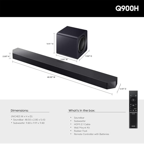Speakers Samsung Q Series Soundbar HW-Q900H 7.1.2 Ch Subwoofer (2026) Bundle with SWA-9500S Wireless Rear Speaker Kit, Deco Gear 4K HDMI Cable and Tech Smart USA Premiere Movies Streaming Digital Download Official SmartThings Catalog Speakers Samsung Q Series Soundbar HW-Q900H 7.1.2 Ch Subwoofer (2026) Bundle with SWA-9500S Wireless Rear Speaker Kit, Deco Gear 4K HDMI Cable and Tech Smart USA Premiere Movies Streaming Digital Download Official SmartThings Catalog