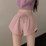 Women's High Waist Drawstring Casual Shorts, Wide Leg Loose Fit Polyester Workout Shorts, Slightly Elastic Solid Color for Four Seasons (Color: Black, Size: S)（Pink）（2XL）