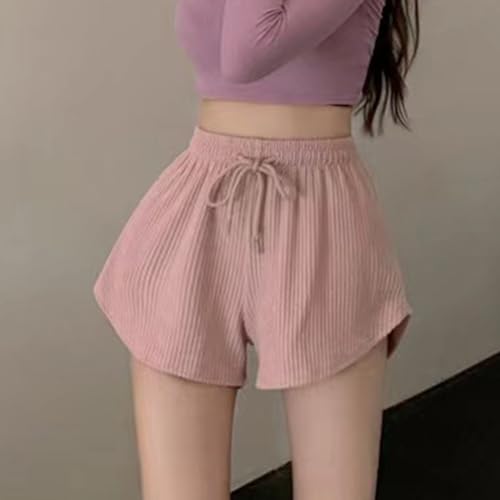 Women's High Waist Drawstring Casual Shorts, Wide Leg Loose Fit Polyester Workout Shorts, Slightly Elastic Solid Color for Four Seasons (Color: Black, Size: S)（Pink）（2XL）