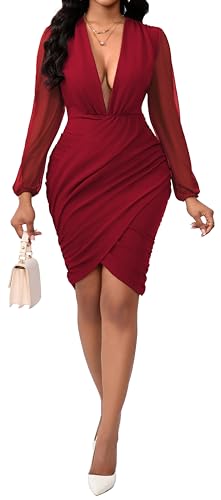 Image of SeNight Women Church Dress Sexy V Neck Dresses Bodycon Black Long Sleeve Mini Dresses