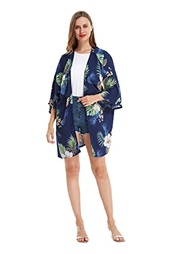 Matchable Hawaiian Luau Mother Daughter Women Kimono Dress or Girl Halter Dress in Pineapple Garden Navy2